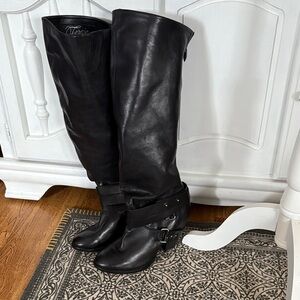 Fergie Black Leather Over-the-Knee Buckle Boots